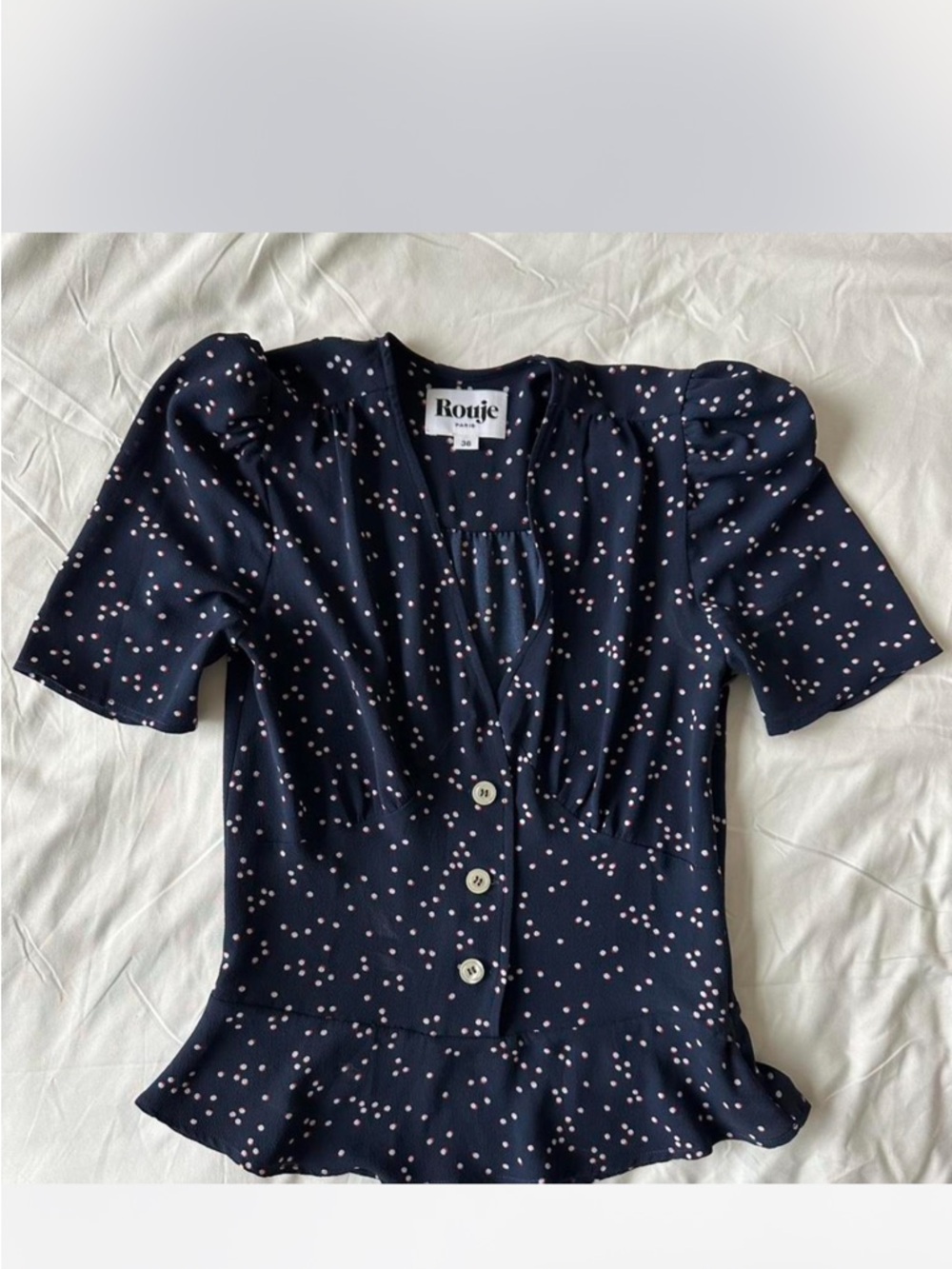 Rouje Navy Button-Front Blouse with Pink Dot Print